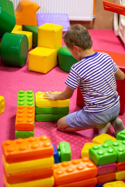 Cute Boy Playing Building Toy Colorful Blocks Preschool Activities Early — Stock Photo, Image