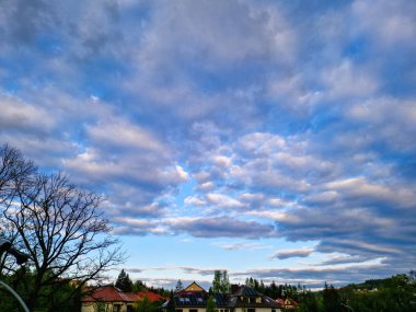 Sakin bir akşam gökyüzü, sakin banliyö evleri ve ağaçların üzerine dağılmış bulutlar.