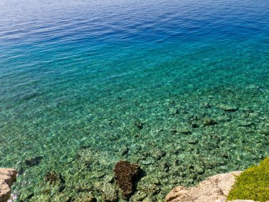 Şeffaf gök mavisi, güneşli bir günde kıyı şeridi yakınlarındaki kayalık deniz tabanını ortaya çıkarıyor.