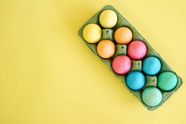 Paskalya ve bahar şenliklerini sembolize eden yeşil bir karton içinde parlak boyanmış yumurtalar.