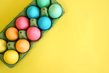 Paskalya ve bahar şenliklerini sembolize eden yeşil bir karton içinde parlak boyanmış yumurtalar.