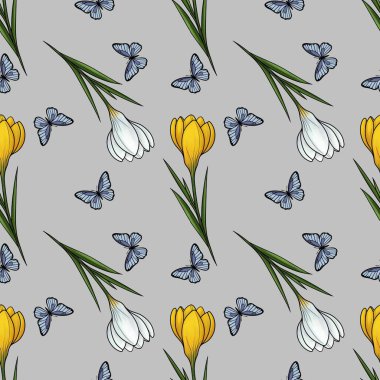 Yellow and White Crocuses with Butterflies Seamless Pattern Small Design on Gray Background for Stationery clipart