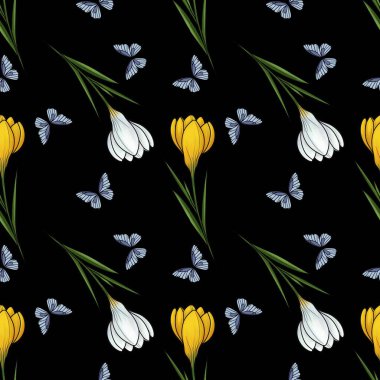 Yellow and White Crocuses with Butterflies Seamless Pattern Small Design on Black Background for Packaging and Fabrics clipart