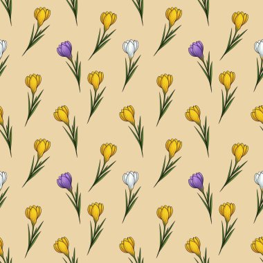 Sarı, Beyaz ve Mor Crocuses Kusursuz Desen Pastel Sarı Pasta ve Kumaşlar için Küçük Tasarım