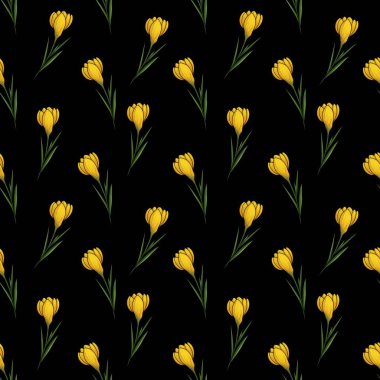 Sarı Crocuses Kusursuz Desen Siyah Arkaplan Üzerinde Küçük Tasarım Yazdırma ve Paket Kağıdı
