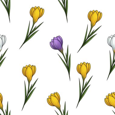 Sarı, Beyaz ve Mor Crocuses Kusursuz Desen Tekstil ve Kırtasiye için Büyük Tasarım