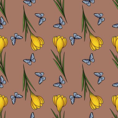 Yellow Crocuses and Butterflies Seamless Pattern Small Design on Mocha Mousse Background for Textiles and Prints clipart