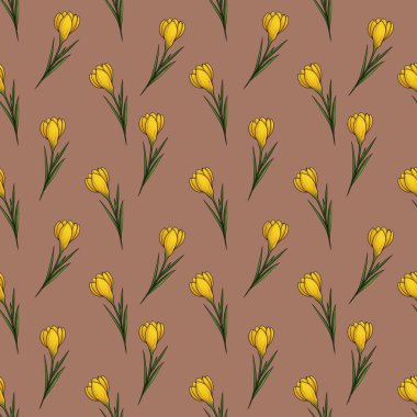 Sarı Crocuses Pürüzsüz Desen Mocha Mousse Kumaş ve Parmak İzleri İçin Küçük Tasarım