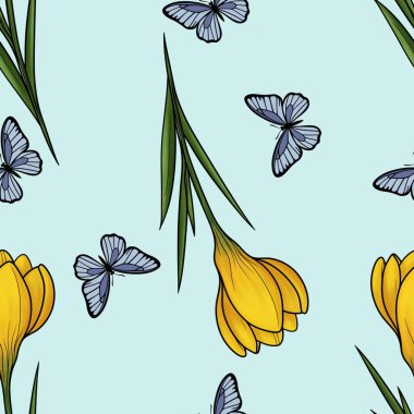 Sarı Kelebekler ve Kelebekler Mavi Arkaplanda İzler, Tekstil, Paketleme, Kumaşlar ve Paketleme Kağıdı İçin Kusursuz Kalıplar
