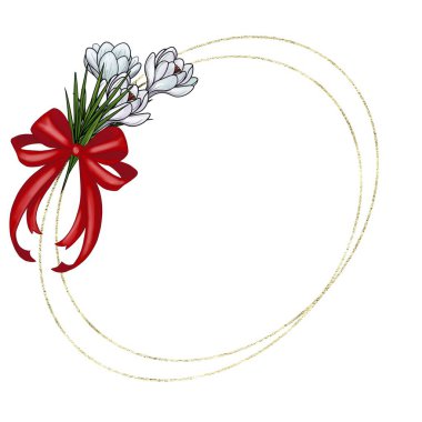 Kırmızı Yay Minimalist Oval Altın Çerçeve ile Crocus Çiçeği - Davetiyeler, Baskılar ve Tatil Kartları için Tatlı Dekoratif Element