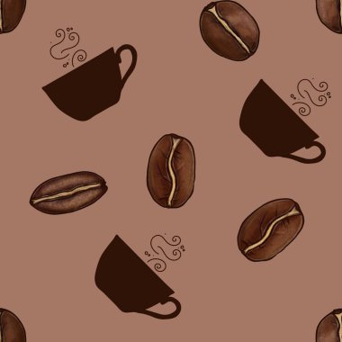 Kusursuz Robusta, Arabika ve Mocha Mousse arka planında bir fincan Aromatik Kahve ile Liberica Fasulyeleri.