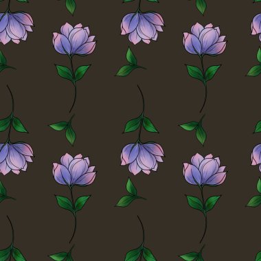 Küçük Tasarımın Kusursuz Mor Çiçek Çizgisi Kahverengi Arkaplanda Yapraklar