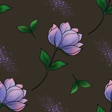 Kahverengi Arkaplanda Yaprakları ve Sulu Sulu Mor Çiçeklerin Kusursuz Deseni