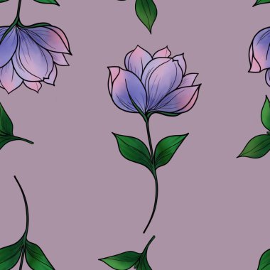 Pastel Mor Arkaplanda Yaprakları Olan Kusursuz Mor Çiçek Çizgisi