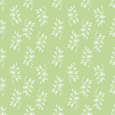 Yeşil Arkaplanda Beyaz Küçük Çiçekler Kusursuz Desen Tasarımı