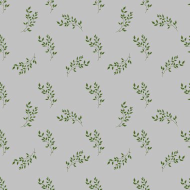Gri Arkaplanda Küçük Yeşil Dal Kusursuz Desen Tasarımı