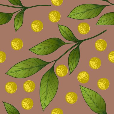 Seamless Big Leafy Branch with Yellow Dots Pattern on Mocha Mousse Background clipart