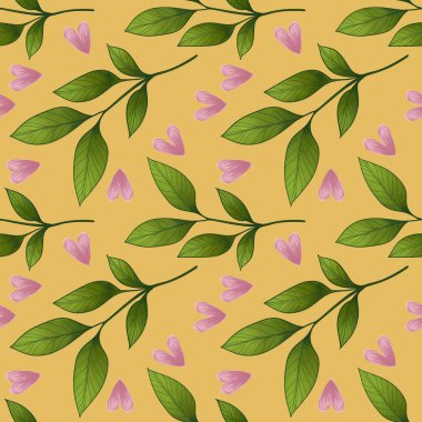 Yumuşak Sarı Arkaplanda Kalpli Kusursuz Küçük Yapraklı