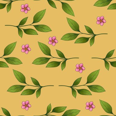 Yumuşak Sarı Arkaplanda Pembe Çiçeklerle Kusursuz Küçük Yapraksı Desen