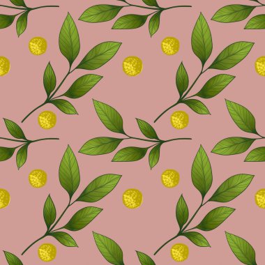 Yumuşak Pembe Arkaplanda Sarı Noktalı Kusursuz Küçük Yapraklı Desen