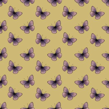 Yumuşak Sarı Arkaplanda Kusursuz Mor Küçük Kelebek Kelebeği Deseni