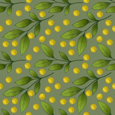 Yumuşak Yeşil Arkaplanda Sarı Noktalar desenli Kusursuz Küçük Yapraklı Şube