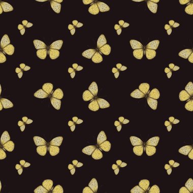 Seamless Yellow Elegant Small Butterfly Pattern on Black Background clipart