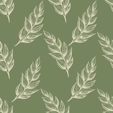 Seamless Milk Botanical Leaves Pattern on Soft Green Background clipart