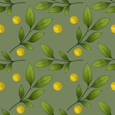 Yumuşak Yeşil Arkaplanda Sarı Noktalı Kusursuz Küçük Yapraklı Desen