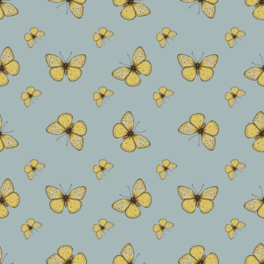 Seamless Yellow Elegant Small Butterfly Pattern on Soft Blue Gray Background clipart