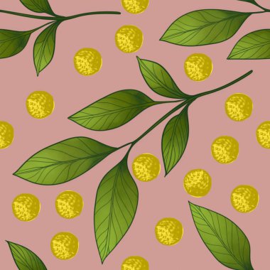 Seamless Big Leafy Branch with Yellow Dots Pattern on Soft Pink Background clipart