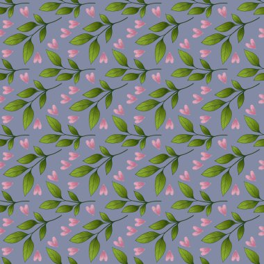 Seamless Leafy Pattern with Heart on Soft Violet Background clipart