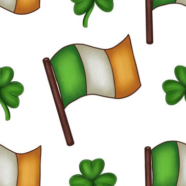 Seamless Pattern Big Irish Flag and Shamrock Design clipart