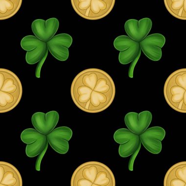 Seamless Pattern Small Shamrock and Coins Design on Black Background clipart