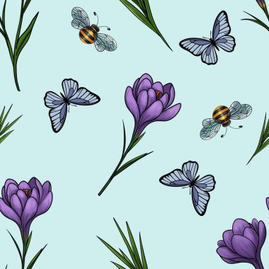 Bahar Mor Crocuses with Leaves, Bee, and Butterfly in Big Design on Pastel Blue Background