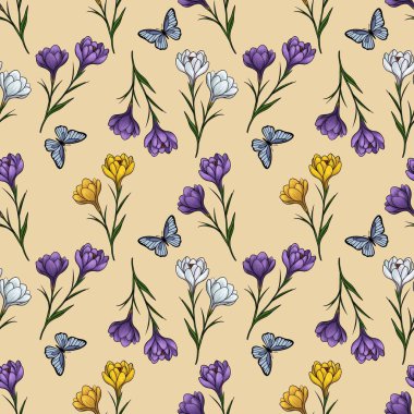 Bahar Crocuses in Purple, White, and Yellow with Butterfly in Small Design on Pastel Yellow Background