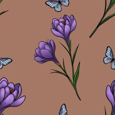 Mocha Mousse arka planında Kelebekli Büyük Tasarımda Bahar Mor Crocuses