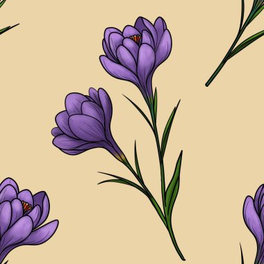 Tekstil ve Dekoratif Kullanımlar için Pastel Sarı Arkaplanda Büyük Tasarım Eflatunu Kusursuz Bahar Şablonu