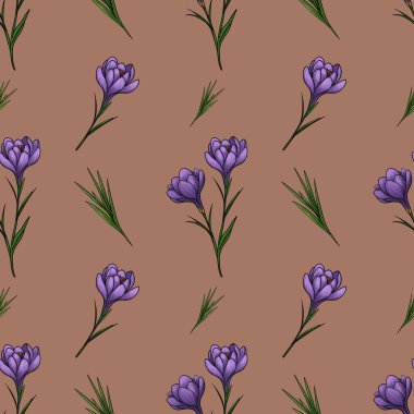 Spring Purple Crocuses with Leaves in Small Design on Mocha Mousse Background clipart