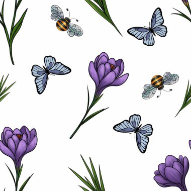 Yapraklar, Arılar ve Kelebekler 'in Büyük Tasarım Paket Kağıdı ve Tekstil' deki Kusursuz Bahar Mor Kırıntıları