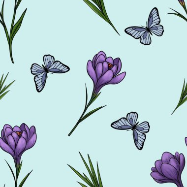 Pastel Mavisi Arkaplanda Yapraklar ve Kelebekler ile Kusursuz Bahar Mor Ürünleri Paket Kağıt ve Kumaşlar İçin Büyük Tasarım Mavi Arkaplanda