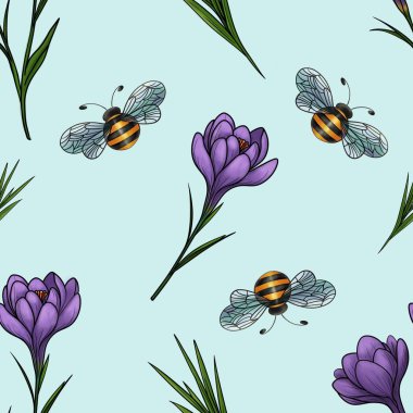 Pastel Mavi Pasta Tasarımlı Yapraklar ve Arılarla Kusursuz Bahar Mor Krokileri Parmak ve Kumaşlar İçin Mavi Arkaplan
