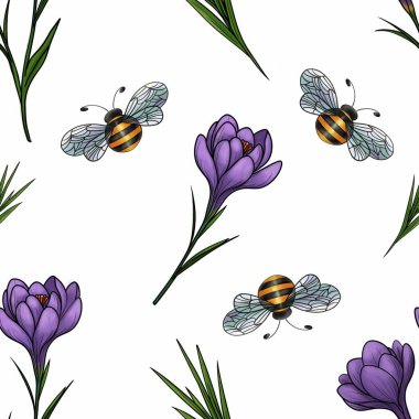 Yaprakları ve Arıları Büyük Tasarım Paket Kağıt ve Parmak İzleri ile Kusursuz Bahar Mor Kırıntıları