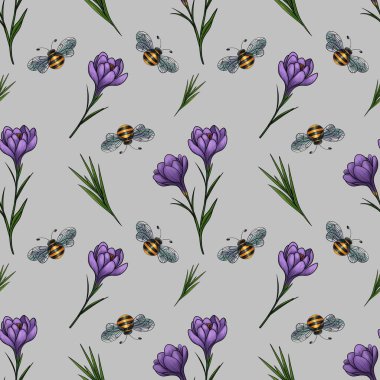 Dekoratif Uygulamalar İçin Gri Arka planda Küçük Tasarımda Yapraklar ve Arılarla Kusursuz Bahar Mor Crocuses Deseni