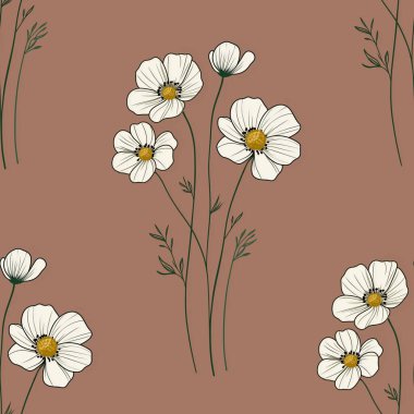 Seamless Pattern Anemone Flowers Big Design on Mocha Mosses Background for Prints, Textiles, Packaging, Fabrics, and Wrapping Paper