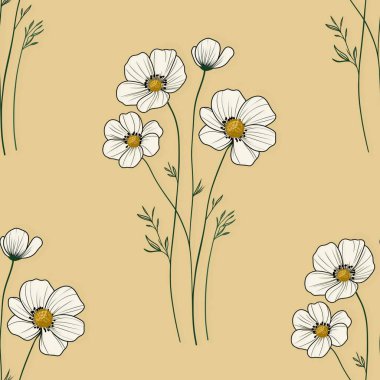 Seamless Pattern Anemone Flowers Big Design on Pastel Yellow Background for Prints, Textiles, Packaging, Fabrics, and Wrapping Paper