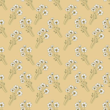 Parmak izi, tekstil, ambalaj, kumaş ve ambalaj kağıtları için Pastel Sarı Arkaplanda Kusursuz Desen Anemone Küçük Zarif Tasarım