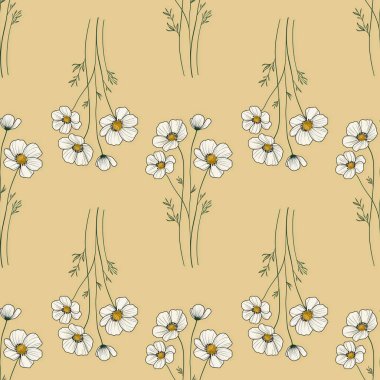 Kusursuz desenli Anemone Zarif Çiçekler Pastel Sarı Tasarım Parmak izi, Tekstil, Paketleme, Kumaş ve Paket Kağıdı İçin Küçük Tasarım