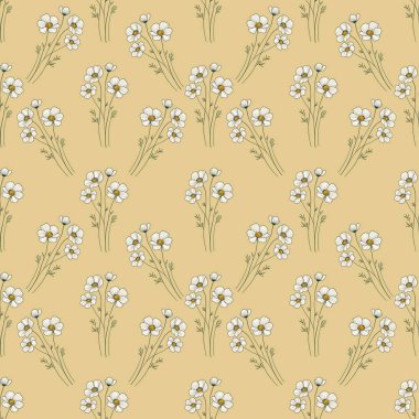 Parmak izi, Tekstil, Paketleme, Kumaş ve Ambalaj Kağıdı için Pastel Sarı Arkaplanda Kusursuz Desen Anemone Küçük Tasarımı