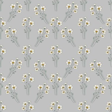 Parmak izi, Tekstil, Paketleme, Kumaş ve Ambalaj Kağıdı için Gri Arkaplanda Kusursuz Desen Anemone Küçük Tasarımı
